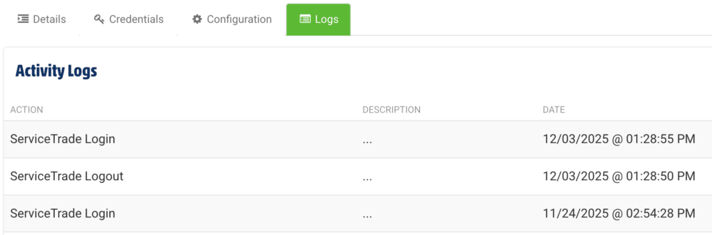 servicetrade integration logs
